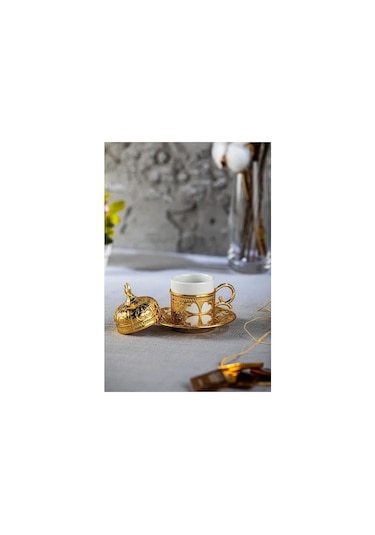 Sena Yonca Desenli Porselenli 4 Parça Altın Renk Fincan