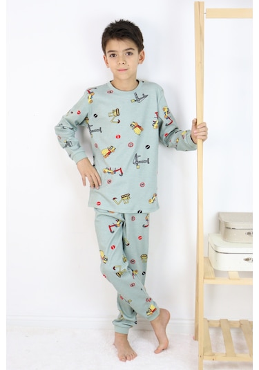 Erkek Çocuk Baskılı İnterlok Kumaş Uzun Kollu Pijama Takımı Açık Yeşil