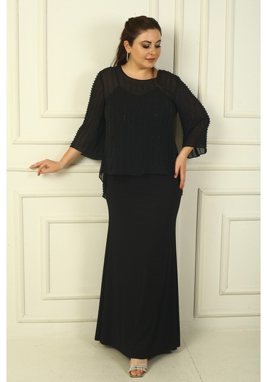 İçi İp Askılı Astarlı Uzun Sandy Elbise Arkası Düğmeli Boncuklu Şifon Bluz Büyük Beden 2'li Takım Siyah