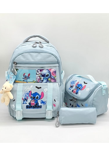 Stitch Desen Aksesuarlı Kore Tarzı Termal Beslenmeli Ve Kalemlikli Kız Çocuk Okul Sırt Çantası Seti Turkuaz