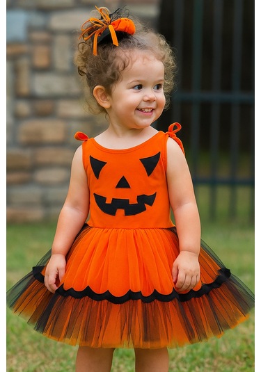 Halloween Cadılar Bayramına Özel Turuncu -siyah Arkası Lastikli Tokalı Balkabağı Kız Kostümü