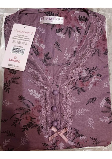 Pijamerry Kadın Dantel Yaka Bambu Uzun Kol Pijama Takımı 5205 - 1 Adet 001