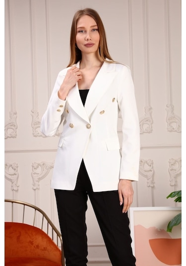 Aymeravm - Cep Kapaklı Düğmeli Kadın Ceket - Mck5102Ga Beyaz