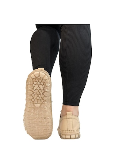 Voyager 9050 Bej Hakiki Deri Şeffaf Taban Bayan Ayakkabı Bej