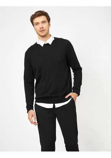 Blacktree Unisex Uzun Kol Biskilet Yaka Dokuma Triko - Siyah Siyah