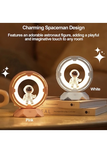 Honeybeeshop Bgprıder Modern Astronot Gece Lambası Pembe Dokunmatik 3 Renk Led 4 Parlaklık Seviyeli 1200mah Şarjlı Yatak Odası Masa Lambası Doğum Günü Noel Hediyesi Pembe