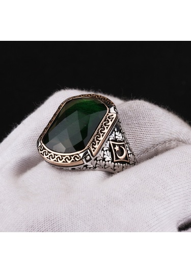 Fkgümüş Ay Yıldız Motifli Yeşil Faset Taşlı Erkek Gümüş Yüzük Silver