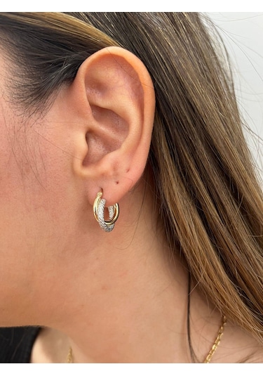 Altın Nesil 14 Ayar Altın Beyaz Kumlu Çift Halka Yuvarlak Küpe Sarı Altın