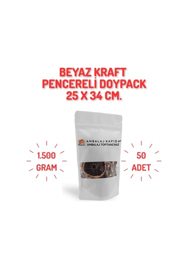 25x34 Cm. Beyaz Kraft Pencereli Doypack - 50 Adet