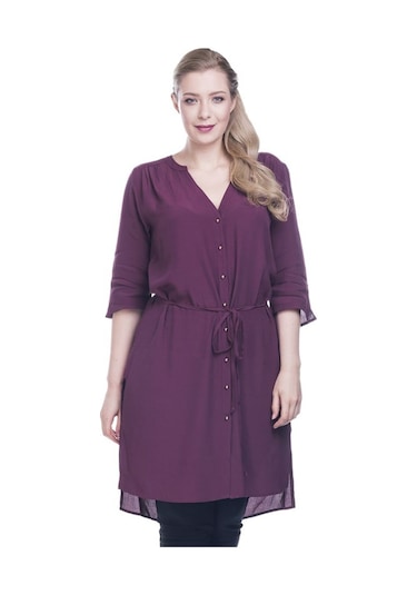 Düğmeli Beli Kuşaklı Tunik-bordo Bordo