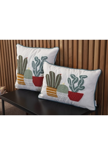 Swita Home Çiftli Kombin Punch İşlemeli Kırlent Kılıfı Panç Beyaz - Yeşil