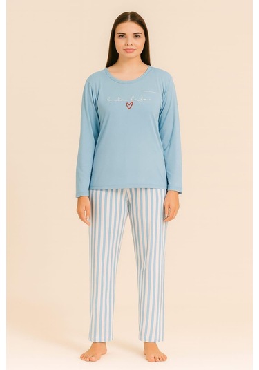 Kadın 20281 Uzun Kol Milan Pijama Takımı Mavi Mavi