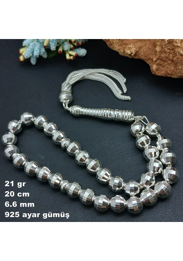 925 Ayar Gümüş Tesbih Yuvarlak Kesim Kare Kalem İşlemeli Orta Boy
