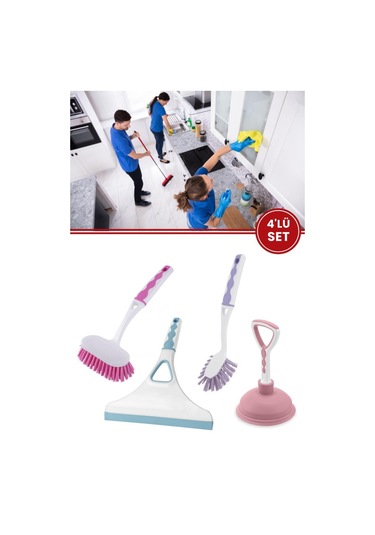 Flora 4 Lü Softline Temizlik Seti, F393 Lavabo Fırçası + F300 Bulaşık Fırçası + F309 Camsil + F308 Pompa