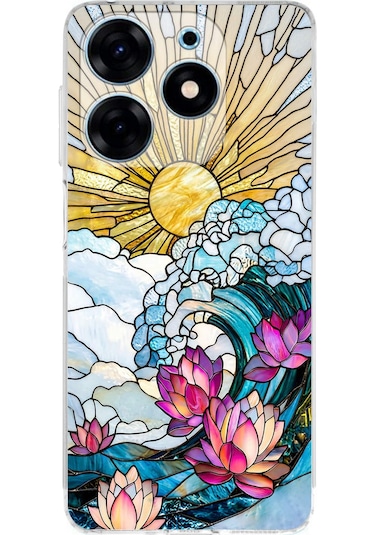 Printify Tecno Spark 10 Pro İle Uyumlu Vitray Okyanus Sabahı Tasarımlı Şeffaf Silikon Kılıf Şeffaf