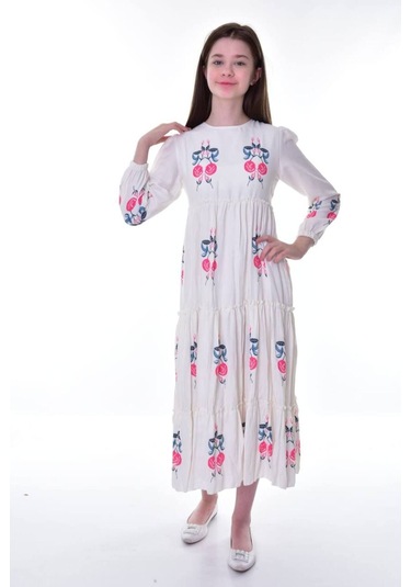 Kız Çocuk Pamuklu Keten Uzun Boydan Astarlı Elbise Kırmızı-krem