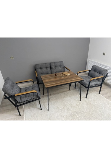 Modern Jüpiter Balkon, Bahçe, Cafe - Metal Kanepe Koltuk Takımı - 2+1+1 + Masa Antrasit Modernsh22 Antrasit