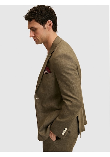 Cacharel Haki Slim Fit %100 Keten Mikro Desen Mono Yaka Ceket Yesıl