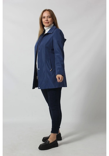 1616 Fermuarlı Cep Detaylı Kapuşonlu Bondit Ceket Sax Saks Mavi