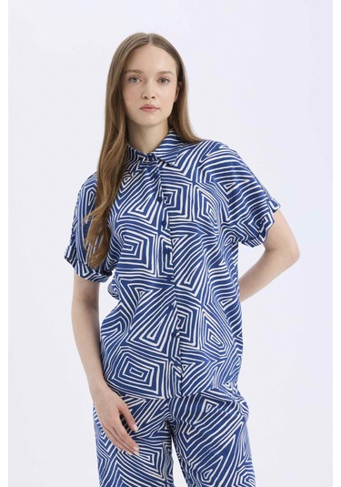 Defacto Regular Fit Desenli Kısa Kollu Gömlek C9621ax25spbe331 Mavi