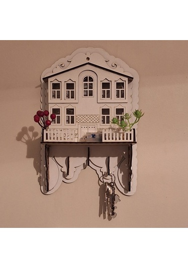 Işıklı Dekoratif Ahşap Ev Model Duvar Anahtarlık Askılık Beyaz
