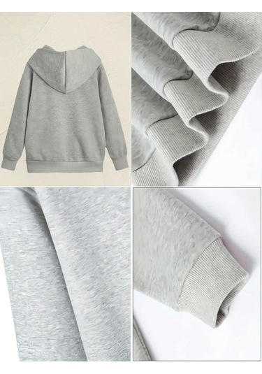 Kışlık Kapüşonlu Sweatshirt, Çocuk Papatya Kelebek Baskılı Gri