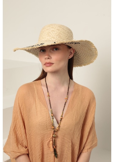 Bej Summer Vibes Yazılı Hasır Şapka Bej