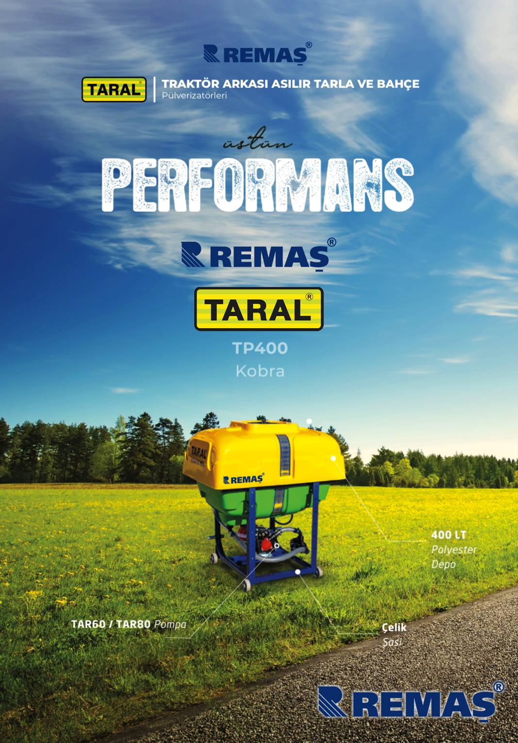 Taral Kobra TP 400 Pülverizatör 400 L Asılır Tip Traktör Arkası İlaçlama Makinesi