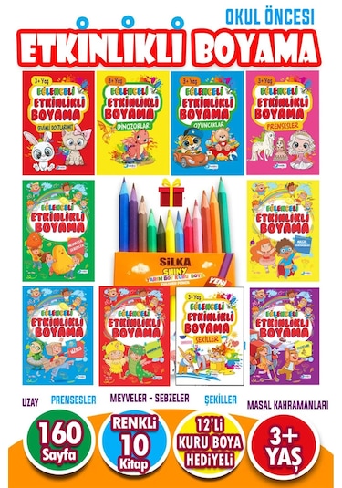 12 Adet Kuru Boya Hediyeli 10 Kitaplı Eğitici Ve Etkinlikli Boyama Seti