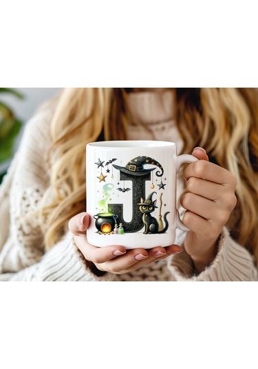 J Harfli Halloween Kedili Figür Kupa Bardak - Şapkalı Ve Kazanlı İsme Özel Kupa - Hediye 07 Beyaz