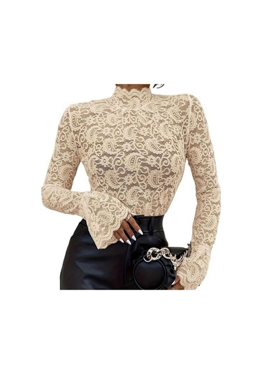 Kadın Üst Giyim Dik Yaka Alevli Uzun Kollu Dar Kesim Gömlek Düz Renk Şeffaf Oyuk Nakış Dantel Çiçek Desenli Üstler Kayısı