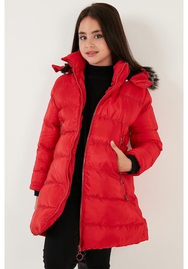 Lela Peluş Astarlı Yakası Suni Kürklü Çıkarılabilir Kapüşonlu Kışlık Kız Çocuk Mont 5766038 Kırmızı