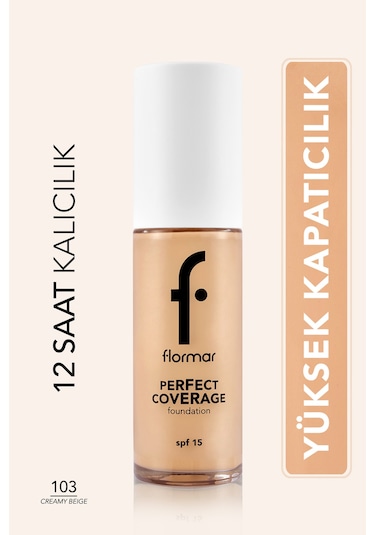 Flormar Perfect Coverage Yoğun Kapatıcı Su Bazlı Fondöten (Sıcak Alt Ton) -103 Creamy Beige -8682536058186