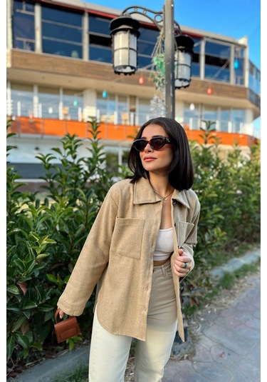 Kadın Camel Uzun Kol, Çift Cepli, Eteği Oval Kesim, Kaşe Gömlek Ceket CAMEL
