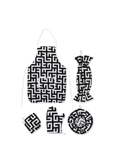 6 Parça Mutfak Seti & Mutfak Önlüğü , Fırın Eldiveni , 2li Tutacak , Organizer Poşetlik , Demlematiksiyah Labirent