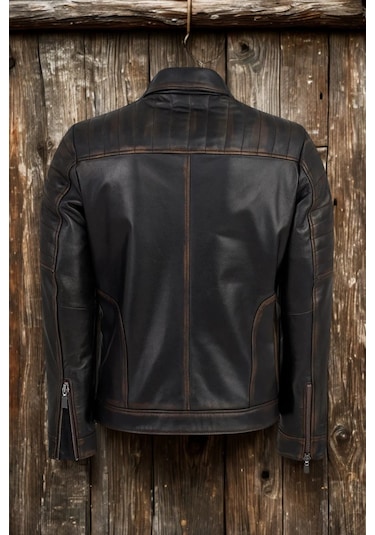 Derije Lucas Hakiki Deri Erkek Vintage Eskitme Biker Motorcu Tarzı Ceket-Mont