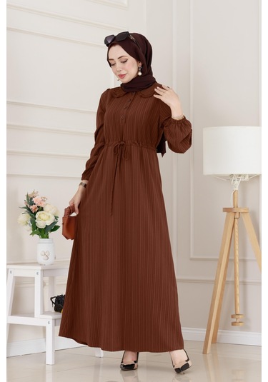 Yakası Güpür Nova Elbise-kahverengi-5028 Kahverengi