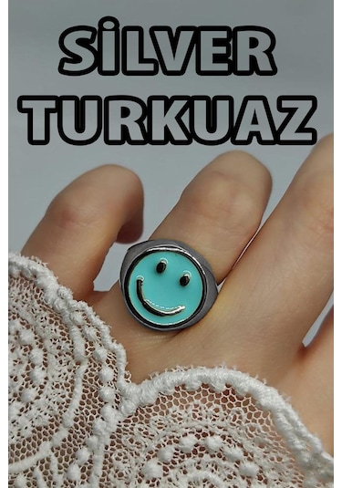 Gümüş Renk Turkuaz Mineli Gülen Surat Yüzük Ayarlanabilir Her Parmağa Olur - 2298 Altın