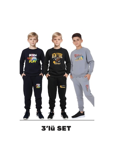 Fyk Kids 3'lü Erkek Çocuk Yuvarlak Yaka Baskı Detaylı Eşofman Takımı Çok Renkli