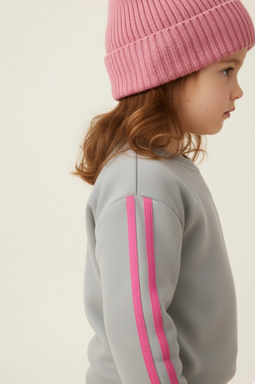 Kız Çocuk Şeritli 3 İplik Gri Alt Üst Takım Gri - Pembe