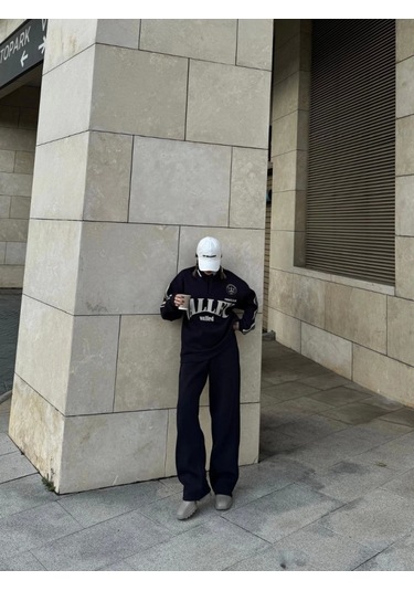 Reka Moda Üç İplik Yakalı Sweat Baggy Pantalonlu Takım - Siyah Siyah