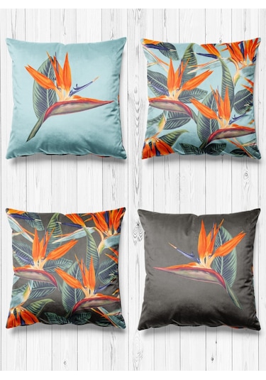 Çift Tarafı Farklı Desenli Süet 4'lü Kırlent Kılıfı-Starliçe Turkuaz