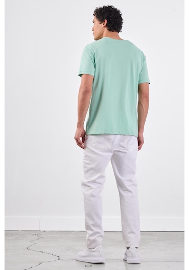 Mint Yeşili V Yaka Pamuklu Düz Renk Slim Fit Erkek T-shirt Mint Yeşili