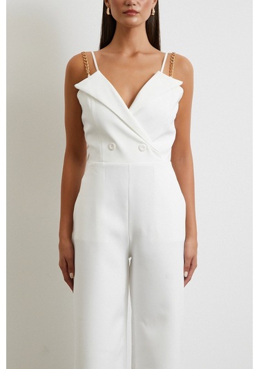 Zincir Detaylı Tulum Beyaz Beyaz