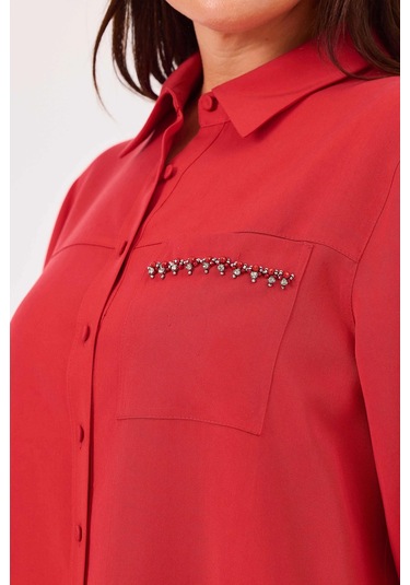 Galaxi Kadın Büyük Beden Taş Detaylı Düğmeli Gömlek 4020 Kırmızı Kırmızı