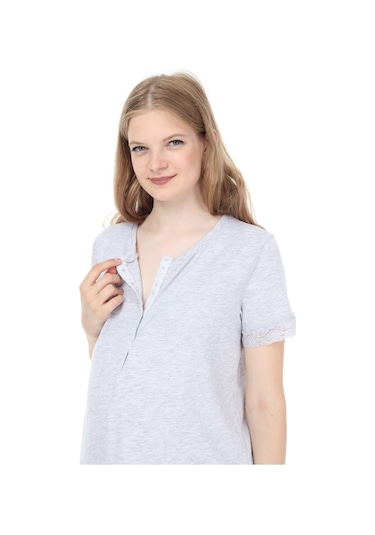 Luvmabelly Myra9590 Önden Çıt Çıtlı Dantelli Hamile Geceliği - Gri-gri