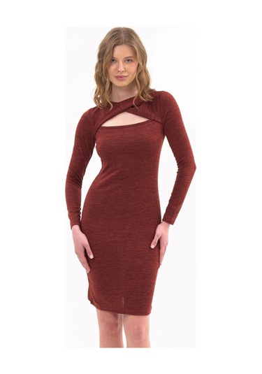 Kadın Pencereli Uzun Kol Detaylı Kısa Kışlık Triko Elbise 4463/95 Kiremit