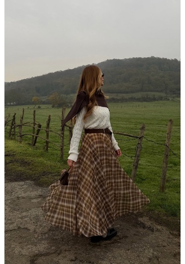 Kahverengi Şifon Ekoseli Etek - 0613 Kahverengi