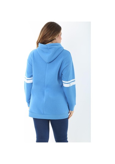 Kadın Büyük Beden Mavi İçi Şardonlu Üç İplik Kapşonlu Sweatshirt 65n37464-mavi Mavi