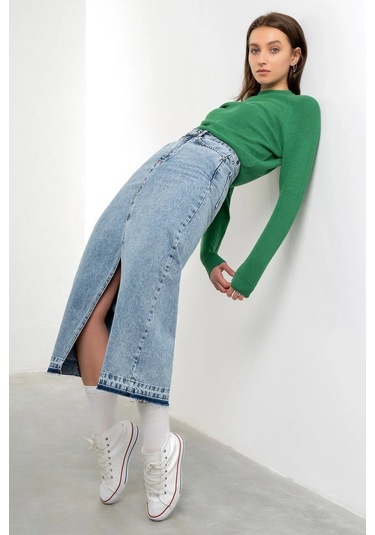 Kaizer Denim Kadın Ortadan Yırtmaçlı Etek Buz Mavi